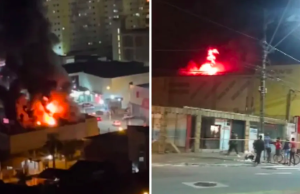Incêndio de grandes proporções atinge loja da Proplastik em Praia Grande, SP