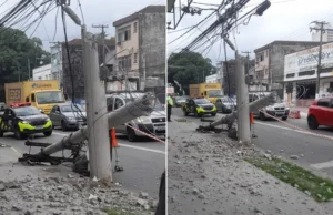 Carreta bate em poste e gera estragos no Centro de Santos, SP