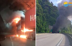 Carreta pega fogo no acesso do túnel na Rodovia dos Imigrantes