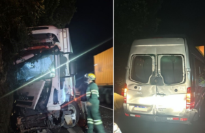Carreta com pane nos freios causa acidente com três veículos na Via Anchieta, em Cubatão