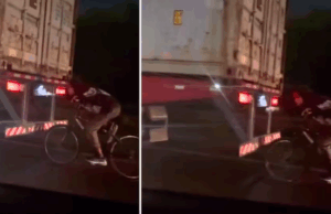 Ciclista se arrisca ao pegar carona em carreta na rodovia Cônego Domênico Rangoni, SP