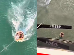 Helicóptero Águia resgata banhistas levado por correnteza no litoral paulista.